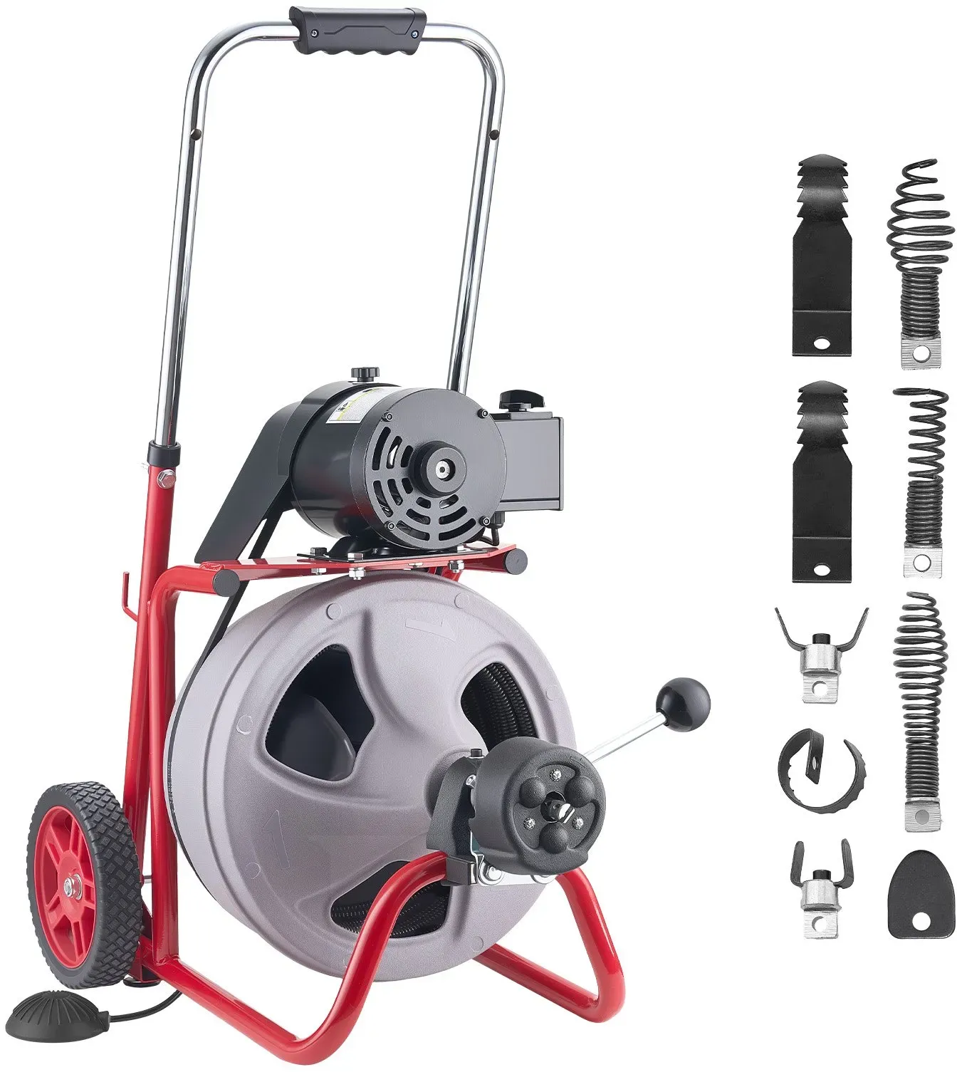 VEVOR Rohrreinigungsmaschine 30 m x 9,5 mm, Rohrreinigungsgerät mit Automatischem Vorschub, 8 Schneidwerkzeugen & Pneumatischem Fußschalter, Rohrreiniger für Rohrdurchmesser von 50 bis 100 mm