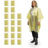 Relaxdays Regenponcho, 20er Set, Einweg Regencape mit Kapuze, Wandern, Festival, Notfallponcho für Damen & Herren, gelb