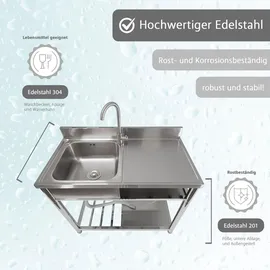 Lemodo Spültisch freistehend, Wasserhahn mit Kalt Warm Anschluss, Spülbecken Größe L