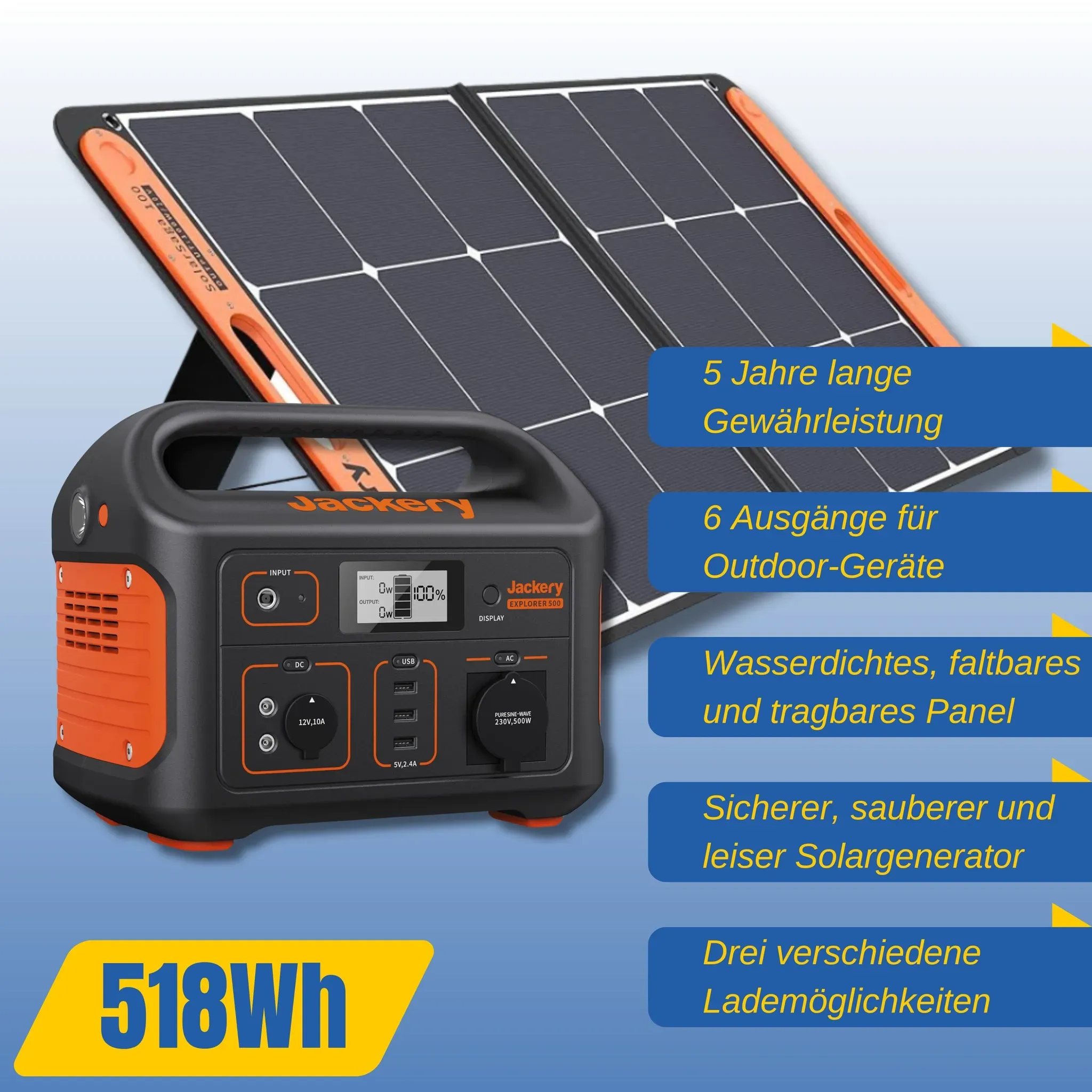 Jackery Explorer 500 Set - Tragbare Powerstation mit Saga 100W Solarpanel