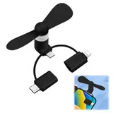 Rakiuty 3-in-1 Mini-Handy-Ventilator, Tragbarer USB-Lüfter, Rotierender Kühler Kompatibel Mit iPhone/Micro-USB/Typ C/Port (Schwarz)