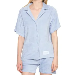 Sixth June Damen Hemd-Bluse Baumwoll-Hemd Frottee-Hemd mit Monogramm Kurzarm-Hemd 33564 Blau - XS