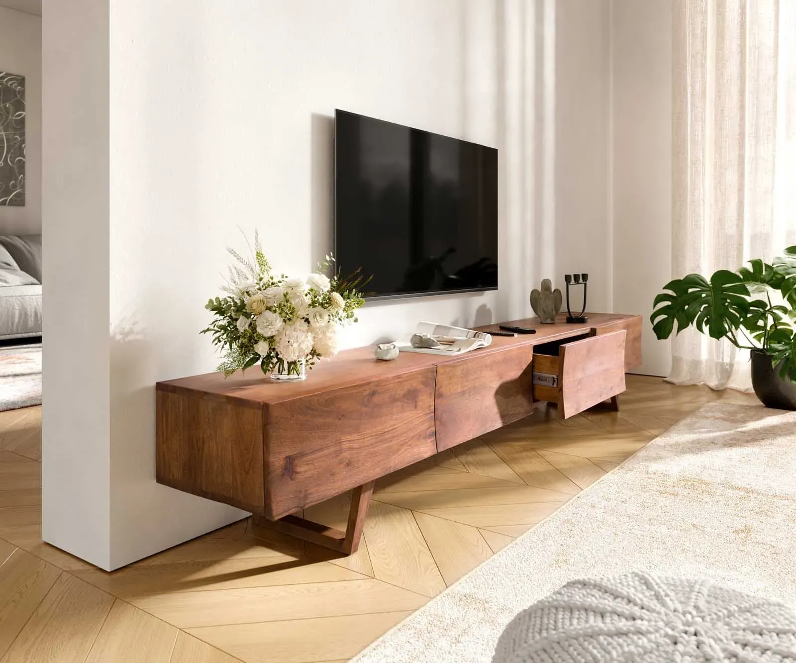 DELIFE Meuble-TV Wyatt 220 cm marron acacia 4 tiroirs, Meubles-TV