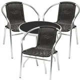 Mojawo Bistrogarnitur 4-teilig Metall /Glasplatte rund weiß Rattan / Schwarz