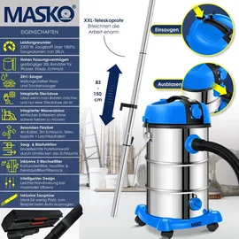 Masko MASKO® Industriestaubsauger Staubsauger Nass Trocken Sauger Edelstahl 2300W + Steckdose Blasfunktion Trocken-Saugen & Nass-Saugen Push&Clean Industrie-Sauger mit & ohne Beutel beutellos