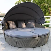 Enjoy Fit Poly Rattan Sonneninsel mit faltbarem Sonnendach Ø 180 cm inkl. Auflagen Kissen Abdeckung Lounge Sonnenliege Gartenmuschel mit Regencover/Farbe: Grau