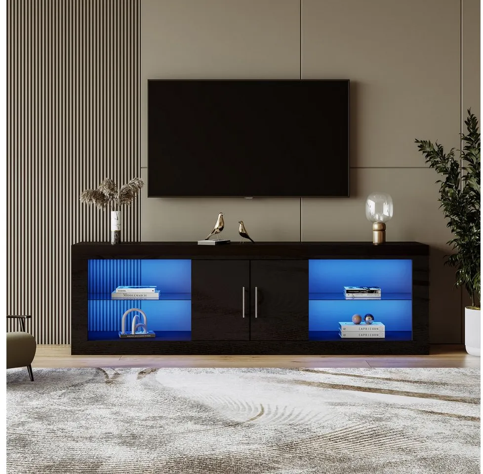 Merax TV-Schrank mit Glasböden und verstellbarem Einlegeboden Lowboard mit Hochglanz Front, TV-Board mit LED, TV-Ständer, B:140cm schwarz
