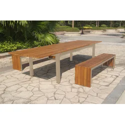 OUTFLEXX Garten-Essgruppe, natur, Edelstahl/ FSC-Teakholz, Ausziehtisch 220/340x100 cm, 2x Bank, Witterungsbeständig, Robust