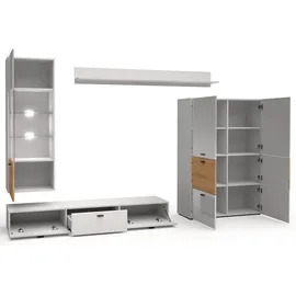 Feldmann-Wohnen Wohnwand, Weiß Hochglanz, Braun, Holzwerkstoff, 11 Fächer, 1 Schubladen, Rechteckig, 300x144x40 cm, Wohnzimmer, Wohnwände, Anbauwände