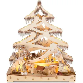 Brubaker 3D Lichterbogen - LED Schwibbogen - Tannenbaum Wald - Weihnachtsbeleuchtung Holz - 34 x 28 x 9 cm - Handbemalte Weihnachtsdeko - Braun/Weiß