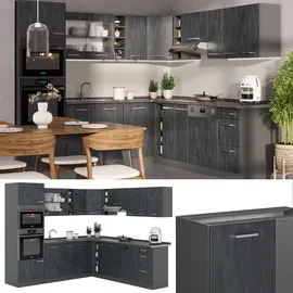 Vicco Winkelküche L-Form 237 x 247 cm Schwarz Beton/Anthrazit mit Arbeitsplatte Marmor