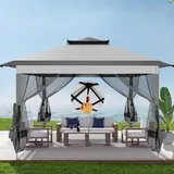 Hoteel Faltpavillon 3x3 Pavillon 3x3 Wasserdicht Stabil Winterfest Zentralnaben-Design Gartenpavillon mit Moskitonetz Doppeldach 3,3mx3,3m für Terrasse, Garten, Hinterhof (Grau Upgrade-Modell)