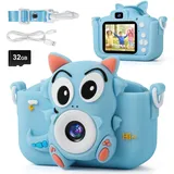 FIVAVA Kinderkamera,Kinder Kamera 1080P 2.0”Bildschirm Kamera Kinder mit 32GB Karte,Selfie Digitalkamera Kinder Fotoapparat Kinder für Kinderspielzeug ab 3 Jahre Blau Dinosaurier