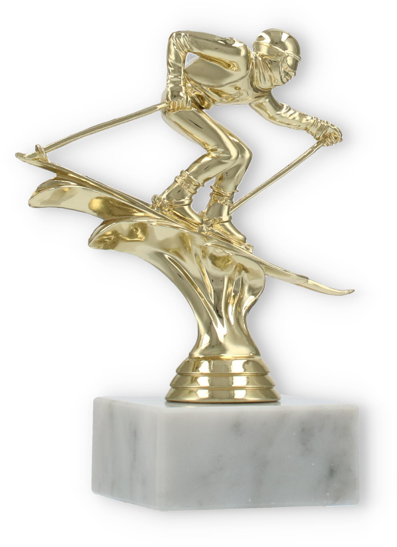 Pokal Kunststofffigur Ski Abfahrt gold auf weißem Marmorsockel 14,6cm