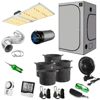 cannabis 4 home Canna4Home GrowBox Komplettset 100 x 100 x 200cm grau Anbau Set Gewächshaus mit dimmbarer LED Vollspektrum Grow-Lampe, mit Abluftset, Pflanztöpfe, Clipventilator und Zubehör Homebox Zuchtzelt