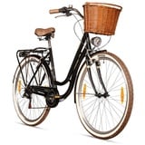 bergsteiger Cityrad Marseille 26 Zoll, 28 Zoll Damenfahrrad, ab 150 cm, Korb aus Rattan, 6 Gang, Kettenschaltung, V-Bremsen schwarz