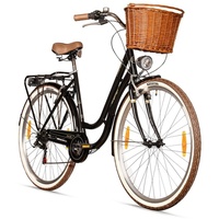 bergsteiger Cityrad Marseille 26 Zoll, 28 Zoll Damenfahrrad, ab 150 cm, Korb aus Rattan, 6 Gang, Kettenschaltung schwarz