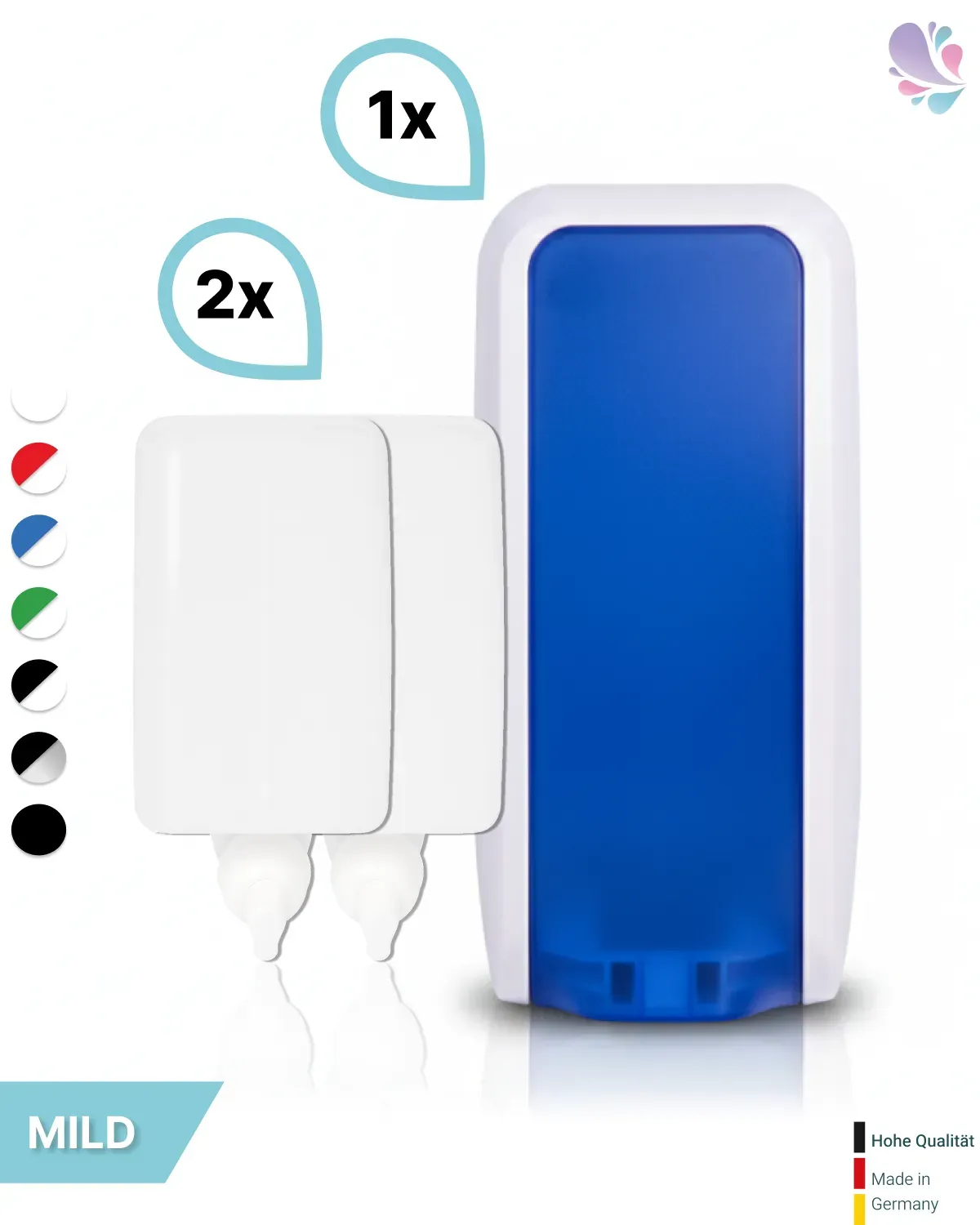 SET: Schaumseifenspender manuell, Blanc Cosmos versch. Farben+2x 1-Liter Schaumseife mild - PRODUKTSET