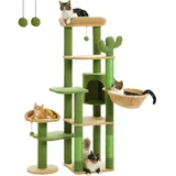 PAWZ Road Kratzbaum Kratzbaum deckenhoch Katzenturm einstellbare Höhe 216cm-285cm, 5 Tiers Plattformen mit gemütlichen Hängematte und Dangling Balls grün