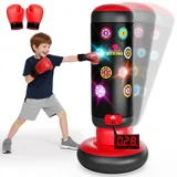 Boxsack Kinder, Boxsack Stehend mit Musik & Licht, 2026 Upgrade Interaktiv Punching Bag, Aufblasbarer Standboxsack mit Boxhandschuh Geschenke für 6-12 Jahren Kinder