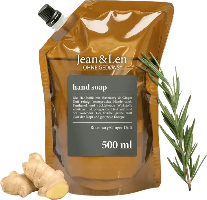 Jean & Len Rosmarin & Ingwer Handseife, reinigt gestresste Hände, tägliche Anwendung, Flüssigseife im Nachfüllpack, ohne Parabene, Silikone & Mikroplastik, 500 ml