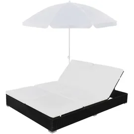 vidaXL Rattan-Sonnenliege 197 x 140 x 190 cm schwarz/cremeweiß inkl. Sonnenschirm