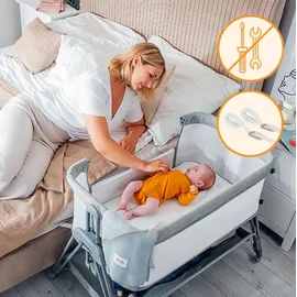 lionelo Luna ein tragbares Beistellbett mit einer Matratze, reisebett, von Neugeboren bis 9 kg, in der Höhe und der Neigung verstellbar, 4 Rädern - Beige