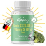 Vitabay Vitamin D3 K2 20000 IE hochdosiert - 180 VEGAN & LABORGEPRÜFTE Vitamin D3K2 Tabletten hochdosiert - Vitamine Vitamin D Vitamin K2 20000 K Sonnenvitamine D3K2 Vitamin D3K2 hochdosiert Vit D3 K2