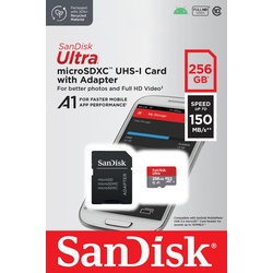 Sandisk microSDXC Card 256GB, Ultra, Class 10, U1, A1 (R) 150MB/s, SD Adapter, Retail-Blister