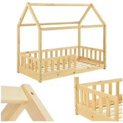 Juskys Kinderbett Marli 80 x 160 cm Rausfallschutz, Lattenrost & Dach   Natur   Hausbett   Holz