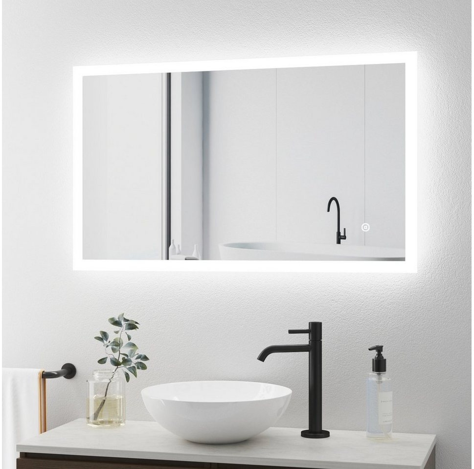 WDWRITTI Badspiegel Badspiegel mit Beleuchtung LED Wandspiegel mit 3 Lichtfarben 100x60cm (Umgeben von einem mattierten, beleuchteten Band, , Touch/Wandschalter, 5 mm kupferfreier und bleifreier Spiegel), 3 dimmbare Lichtfarben;Speicherfunktion