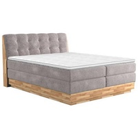 Boxspringbett, Beige, Textil, Eiche, massiv, H2 + H3, 7-Zonen, Höhe ca. 20 cm, 160x200 cm, Fsc, Bettkasten, Matratze, gepolstertes Kopfteil, Topper durchgehend, Schlafzimmer, Betten, Doppelbetten