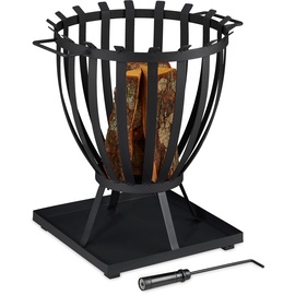 Relaxdays Feuerkorb XXL, Brennkorb rund, HBT 57 x 56 cm, mit Bodenplatte & Schürhaken, Feuerschale Stahl, schwarz