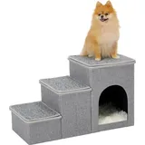 Famanu Hundetreppe - Faltbare Haustierleiter 3 Stufen Holzgrau - Max. 30 kg