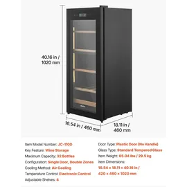 Vevor Weinkühlschrank für 32 Flaschen, Freistehender Flaschenkühlschrank mit Doppelzonen, Einstellbarer Temperatur von 5 °C bis 18 °C und Glastür, für Hausbar, Büro, Bar, Rotwein, Weißwein, Champagner