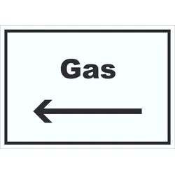 HB-Druck Gas Schild mit Text und Richtungspfeil links Anschluss waagerecht A1 Rückseite selbstklebend