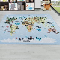Carpetsale24 Kinderteppich Weltkarte mit Tieren Design Blau 100 x 150 cm - Kurzflor Teppich Kinderzimmer für Jungen und Mädchen Weich und Pflegeleicht - Waschbar Spielteppich Babyzimmer Babyteppich
