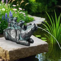 Wasserspeier Solar mit Pumpe – Teichfigur mit Solarpumpe & Wasserspiel – Gartendeko aus Polyresin in Bronze-Optik – Solarbrunnen für Gartenteich & Wasserlauf (Familie Schwein 32x14x21 cm)