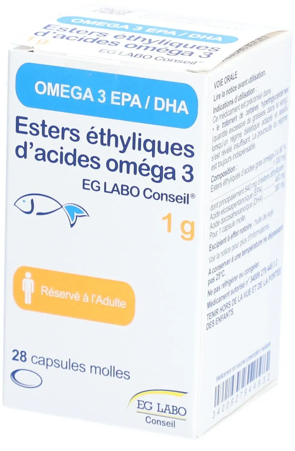 ESTERS ETHYLIQUES D'ACIDES OMEGA 3 EG LABO CONSEIL 1 g, capsule molle, boîte de 1 flacon d 28 pc(s) capsule(s)