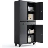 Aktenschrank, Mehrzweckschrank Metallschrank Mit Rollen , Büroschrank Stahlschrank Lagerschrank Werkstattschrank Mit Glastüren 2 Schubladen 2 Verstellbaren Einlegeböden Abschließba Büromöbel 180*76*38