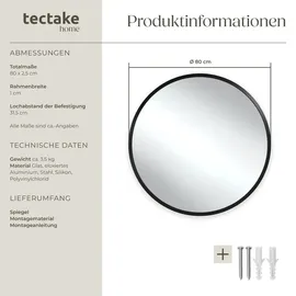 Tectake tectake® Runder Wandspiegel, Ø 80 cm, 3 mm dickes Glas, integrierte Befestigungshaken