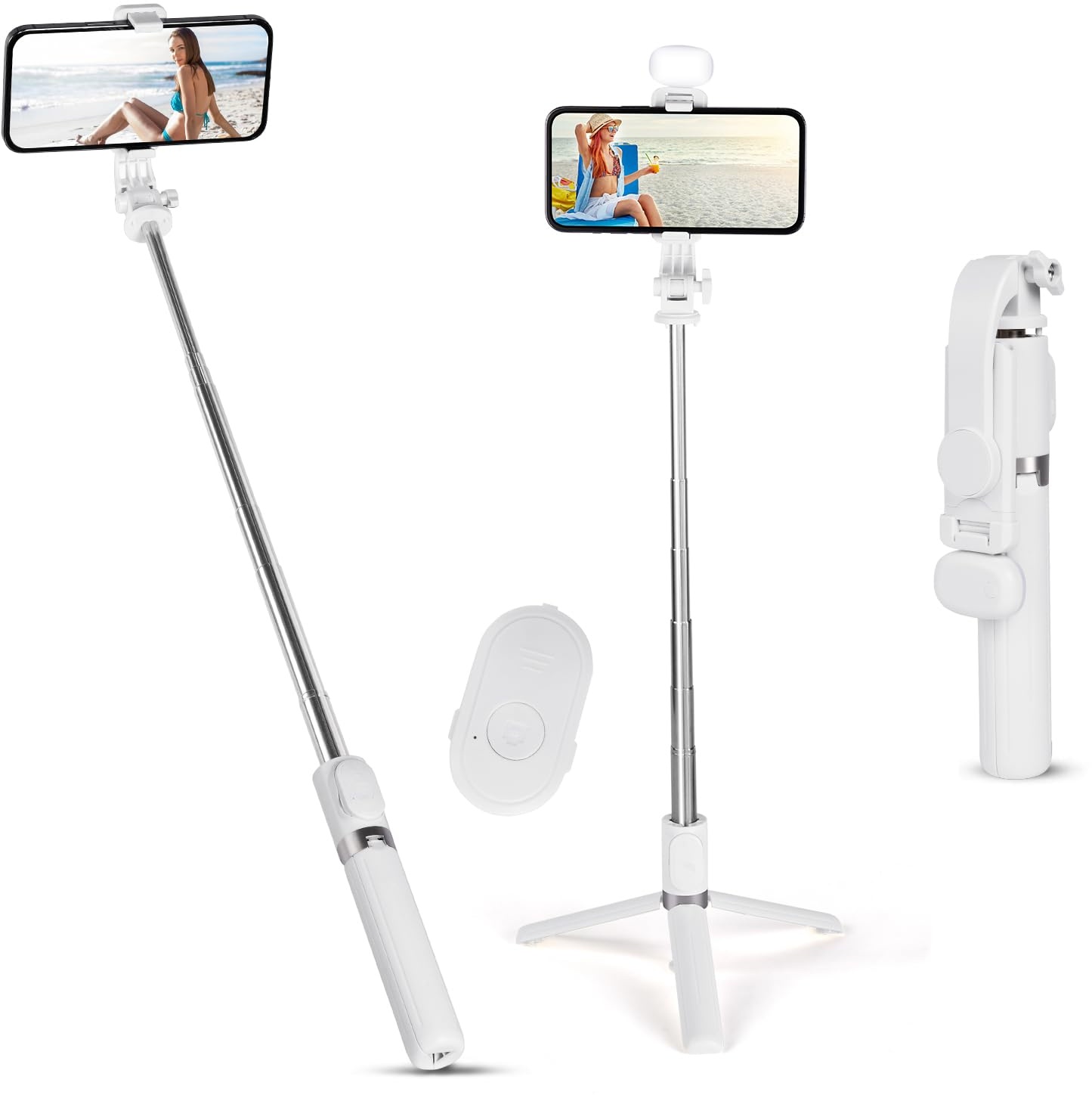 Flintronic Selfie Stick, Erweiterbar 3 in 1 Aluminium Selfie Stange, Bluetooth Selfie-Stange mit Fülllicht und Kabelloser Fernbedienung, Langes 100cm, für iPhone Samsung Smartphones Kamera, Weiß