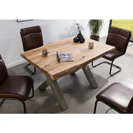 MASSIVMOEBEL24.DE Baumtisch 140 x 77 x 90 cm natur sandgestrahlt/silber matt