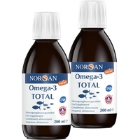 NORSAN Premium Omega 3 Fischöl Total Naturell hochdosiert 2er Pack (2x 200 ml) / 2.000mg Omega 3 pro Portion/Omega 3 Öl 1120mg EPA & 536mg DHA/Omega 3 Premium Öl mit 800 IE Vitamin D3