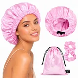 BONNET QUEEN Seidenhaube zum Schlafen – Doppellagige, wendbare Satin-Haarhaube mit verstellbarem Band, Bonnet Seide für Locken & glattes Haar, inkl. 2 Scrunchies & Satinbeutel, Rosa