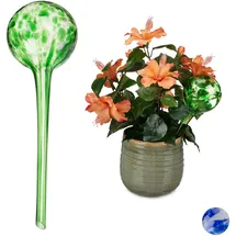 Relaxdays Bewässerungskugel 2er Set, dosierte Pflanzen Bewässerung, Blumentopf, Gießhilfe Büro, Urlaub, Glas Ø 9cm, grün, 2 Stück, 2