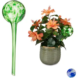 Relaxdays Bewässerungskugel 2er Set, dosierte Pflanzen Bewässerung, Blumentopf, Gießhilfe Büro, Urlaub, Glas Ø 9cm, grün, 2 Stück, 2