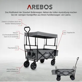 Arebos Bollerwagen faltbar grau inkl. 2 Netztaschen und Außentasche