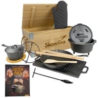 Skandika Dutch Oven Set Flame Master in Holzkiste | 11-teilig, inkl. Rezeptbuch der Sauerländer BBCrew, bereits eingebrannt, viel Zubehör, Dreibein, viel Zubehör | Kochset aus Gusseisen, Grill, BBQ