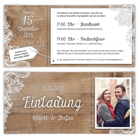 40 x Hochzeitseinladungen individuell mit Ihrem Text und Foto mit echtem Abriss als DIN Lang Ticket 99 x 210 mm - Rustikal mit weißer Spitze